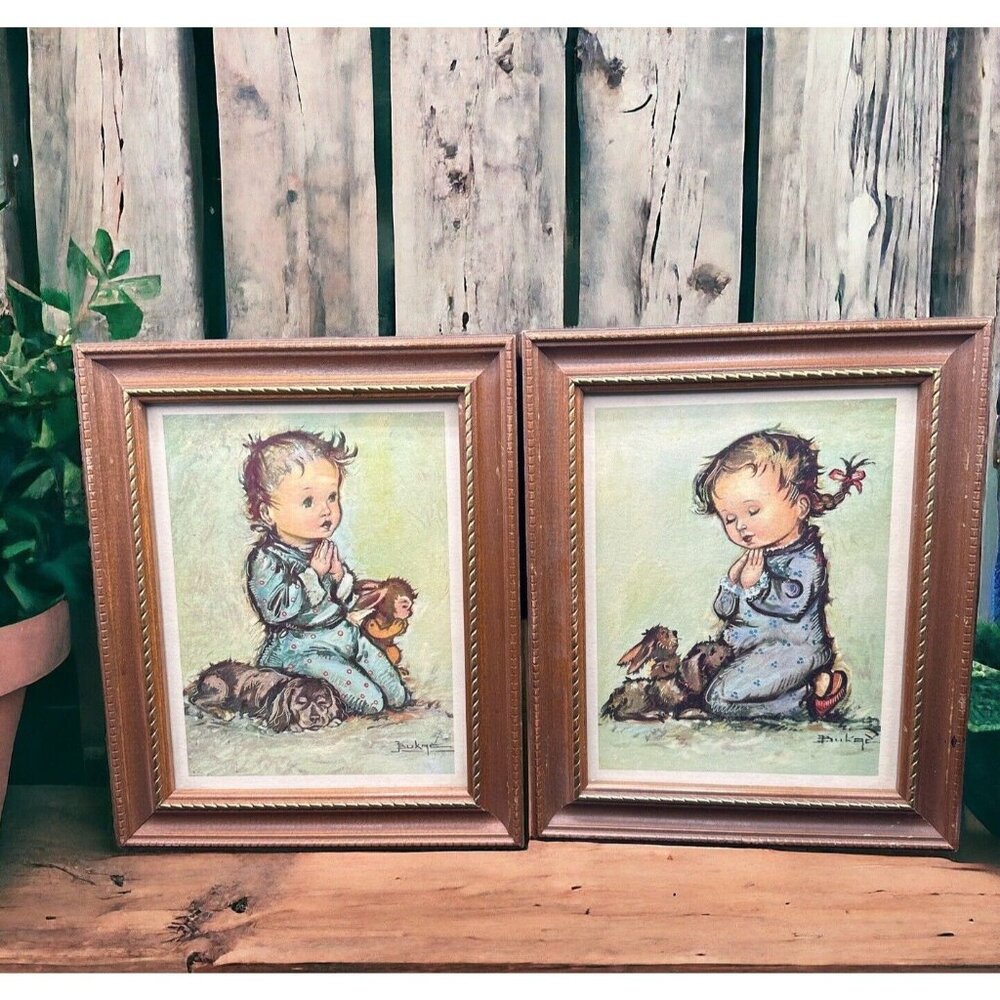Vintage Nursery Decor Mid Century Wall Art Boy Girl Bedtime Prayer Bukac Framed